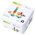Portable stacking game in a white metal tin with colorful wooden geometric blocks - Stacking Blocks