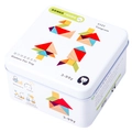 Educational wooden tangram puzzle set in a portable white travel metal box for children - Tangram
