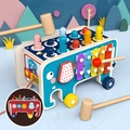 Elefante in legno blu 5-in-1 giocattolo con gioco acchiappa la talpa e xilofono - Elefante da Trainare Xilofono Whack-A-Mole (JH-qwp 大象拖拉打地鼠【敲琴款】)