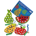 Gioco montessoriano in legno da infilare con bruco e forme di frutta colorata - Set di Infilatura Frutta