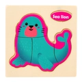 3D wooden sea lion puzzle for kids in blue and green with a natural wood base - Sea Lion Shape