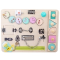 Wooden Montessori busy board for toddlers with colorful gears and lock mechanisms - Macaron (Hand Grab Board)