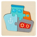 Puzzle 3D en bois pour enfants avec motif de bateau bleu et orange sur socle naturel - Navire