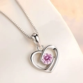 S925 sterling silver heart necklace with hollow double hearts and pink zircon pendant - Pink Rhinestone Style