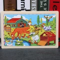 Wooden farm animal puzzle for kids featuring a horse, sheep and rooster in natural wood frame - Farm Animals