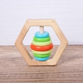Hexagonal wooden baby rattle with colorful rings for sensory grip and teething training - Hexagon Stack Tower