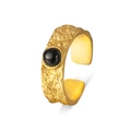 Irregular silver ring with hammered texture and black gemstone inlay in golden finish - Adjustable Open / Gold