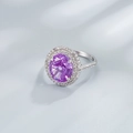 925 silver ring featuring an oval purple stone with double halo diamond accents on satin - US Size 6 / Fancy Purple High Carbon Diamond