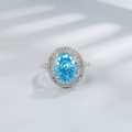 Luxury 925 sterling silver ring with oval light blue stone and double diamond halo - US Size 6 / Sea Blue High Carbon Diamond