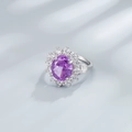 Elegante anillo de plata 925 con gran zafiro púrpura ovalado y un halo de circonitas - Talla US 6 / Púrpura Elegante