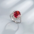 Anello elegante in argento S925 con grande pietra rossa ovale e doppio alone di diamanti - Taglia US 6 / Rosso