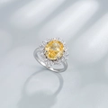 925 silver ring featuring a large oval yellow gemstone and floral diamond halo - US Size 6 / Yellow