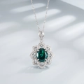 925 silver necklace with oval emerald gemstone and sparkling lotus flower pendant - 925 Silver / Emerald Green Rhinestone (Emerald Green High Carbon Diamond Necklace)