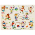 Kids wooden puzzle board with sports theme illustrations and peg handles for toddlers - Sports Theme (3019)