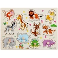 Wooden animal puzzle board for kids with knobs featuring lion tiger and elephant shapes - Animal 10 Wild (3009)