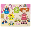 Educational wooden peg puzzle featuring vibrant clothes and everyday life icons for kids - Girl Dressing Cognition