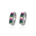 S925 sterling silver huggie earrings with colorful baguette-cut rainbow cubic zirconia - 925 Silver / Platinum Rainbow Rhinestone