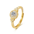 Adjustable golden halo ring featuring a brilliant round zircon with side stones - 925 Silver / Gold Color