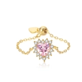 Verstelbare zilveren kettingring met roze hartvormige steen en diamanten halo - Verstelbaar Open / Roze Strass Ring