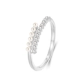 Elegant 925 silver ring featuring parallel white pearls and sparkling zircon row inlay - Adjustable Open / Platinum Color