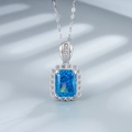 S925 Sterling Silver necklace featuring rectangular aquamarine pendant with halo diamonds - 925 Silver / Light Sea Blue