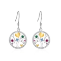 S925 sterling silver Tree of Life drop earrings with colorful gemstones and gold hearts - White Gold and Gold Earrings / 925 Silver