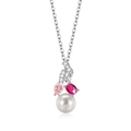 S925 sterling silver pearl necklace with pink drop and magenta gemstone pendants - Pendant Necklace / 925 Silver