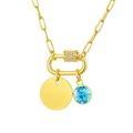Golden square link chain necklace with blank round disc and light blue gemstone pendant - Blue Gem Round Tag Pendant (NC-2181G-3)