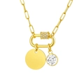 Gold stainless steel paperclip chain necklace with round disk and clear stone charm - Clear Gem Round Tag Pendant (NC-2181G-4)