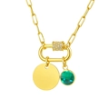 Gold stainless steel paperclip necklace with green gemstone and round gold disc pendant - Green Gem Round Tag Pendant (NC-2181G-5)