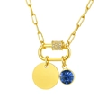 Golden paperclip chain necklace with blue gemstone pendant and blank round tag - Lake Blue Gem Round Tag Pendant (NC-2181G-9)
