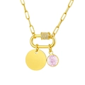 Gold stainless steel link necklace with pink crystal and round plate pendant - Pink Gem Round Tag Pendant (NC-2181G-10)