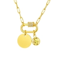Gold stainless steel paperclip necklace with round disc and yellow gemstone charm - Yellow Gem Round Tag Pendant (NC-2181G-11)