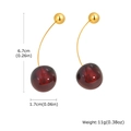 Macro shot of dark red resin cherry earrings with golden stem and detailed measurements - Dark Red Long Cherry Style (ED-826G)