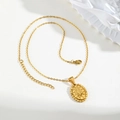 Detail of gold-plated stainless steel oval pendant with religious engraving on O-chain - Smooth Style Necklace (With Chain) (PN-2158G)