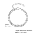 Detalle de pulsera de cadena cubana plateada con circonita redonda y medidas de tamaño - Pulsera de Cadena Cubana con una Sola Piedra (BR-2522S)
