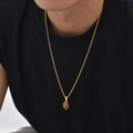 Detailopname van gouden herenketting met boxschakel en een ovale tijgeroogsteen hanger - Tijgeroog Hanger + Box Ketting (PN-2199)