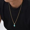 Unisex vintage ketting met ovale blauwe turquoise hanger en gouden kralenketting - Turkoois Hanger + Box Ketting (PN-2199)