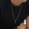 Gouden schakelketting voor heren met een driehoekige blauwe edelsteen lapis lazuli - Driehoek Lapislazuli Hanger + Box Ketting (PN-2200)