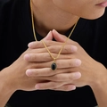 Unisex vintage halsketting met ovale zwarte steen hanger aan gouden gedraaide ketting - Zwarte Onyx Hanger + Touwketting (PN-2199)