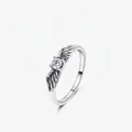 Vintage S925 sterling silver angel wing ring with a sparkling round-cut center stone - US Size 5 / Silver