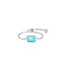 Adjustable S925 silver chain ring featuring a rectangular blue gemstone and sliding bead - Adjustable Open / Cyan Blue Rectangle Style (RHR709)