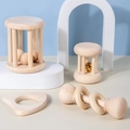 Natural wood baby rattle set featuring four handmade sensory grasping toys for early development - Natural Wood Collection (wd37)