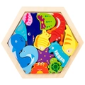 Hexagonal wooden puzzle for children featuring colorful marine animals and sea life - Ocean