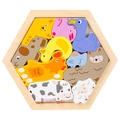 Hexagon wooden animal puzzle with cow and sheep shapes for toddlers educational play - Farm