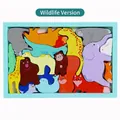Wild animal style wooden educational puzzle featuring colorful giraffe and elephant shapes - Blue Frame - Wild Animals