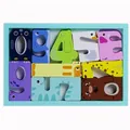 Educational wood puzzle with colorful numbers 0-9 and animal patterns in a blue tray - Blue Frame - Numbers 0-9