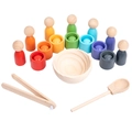 Montessori wooden color sorting toy with rainbow peg dolls, wooden cups, and spoon set - 7 Colors Dolls Balls and Cups