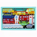 Holzpuzzle für Kinder mit Schulbus, Schiff und Rakete in leuchtenden Farben als Spielzeug - Blauer Rahmen - Transport