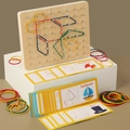 Wooden Montessori geoboard with colored rubber bands and geometric pattern cards - MZM Small Geoboard
